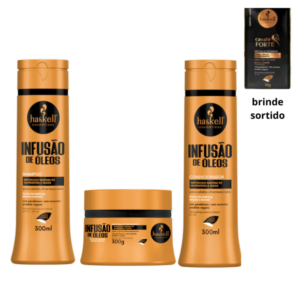 Kit Shampoo + Condicionador 300ml + Máscara 300g Infusão de Óleos Haskell Marula Argan e Monoi
