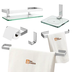 Kit de Acessórios para Banheiro 6 Peças com Porta Shampoo Reto Aste Quadrada Polido Cromado Luxo