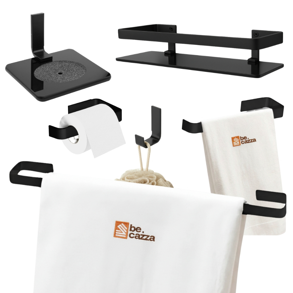 Kit Acessórios Banheiro Quadrado Preto Fosco + Porta Shampoo + Saboneteira Supor