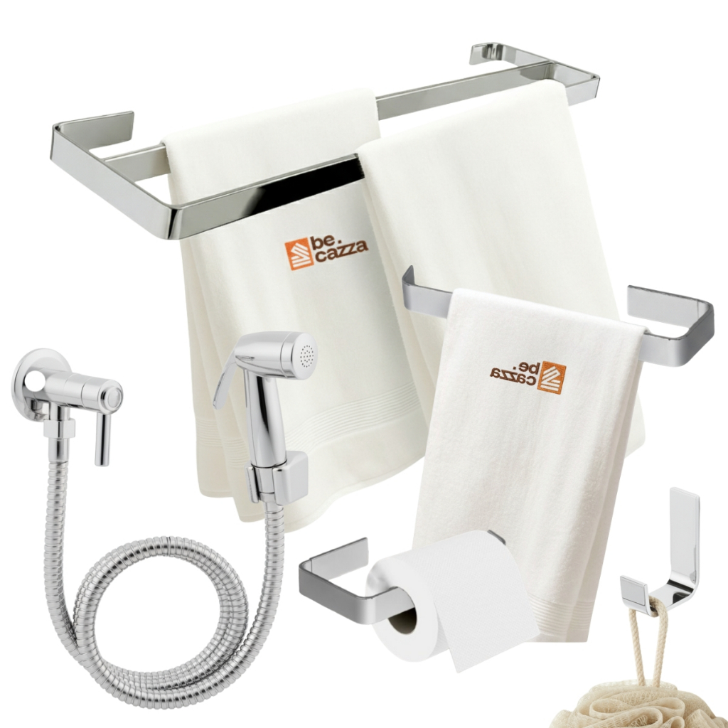 Kit Acessórios Banheiro com Toalheiro Duplo Cromado Polido Super Luxo + Ducha Hi