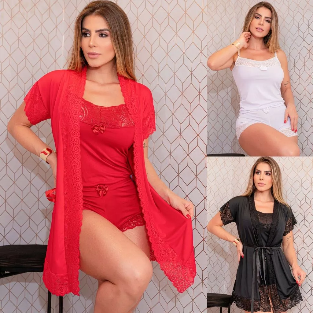 Conjunto Feminino Top Doll + Robe Sensual Microfibra e Renda Linha Noite Pijamas Luxuoso — imagem 1