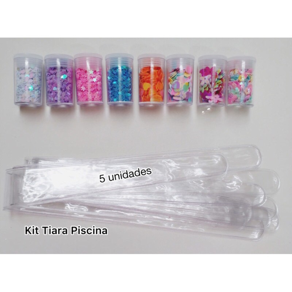 Kit Tiara Piscina Plástico Selado 5 Unidades + 8 Potinhos de Confetes para Laços e Tiaras