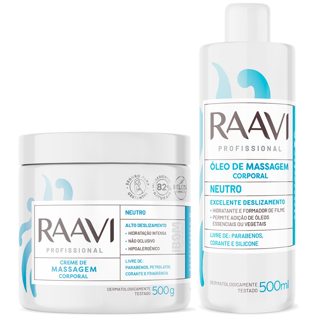 Kit Massagem Óleo + Creme Neutro Corporal 500ml Raavi em Oferta na Shopee