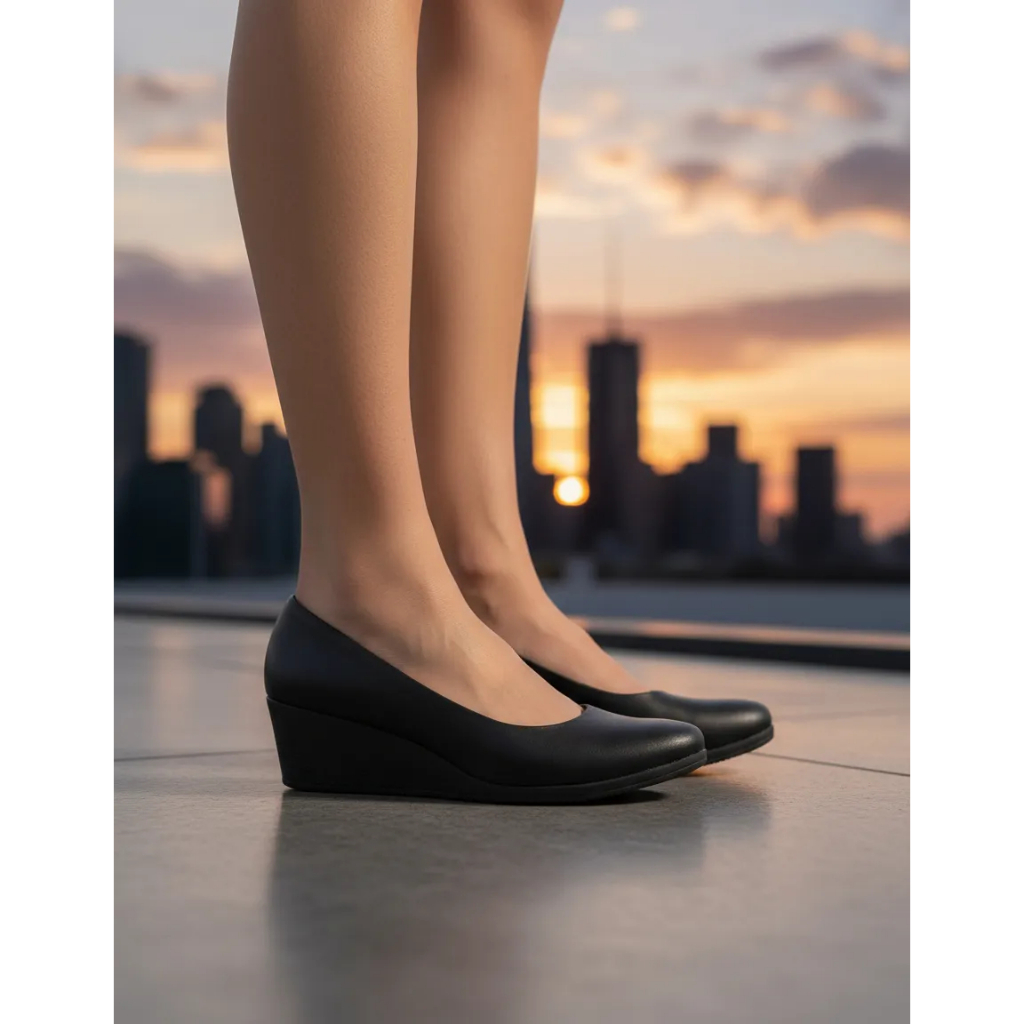 Scarpin Couro Preto Salto Anabela Usaflex Original 100% Couro Salto 5CM