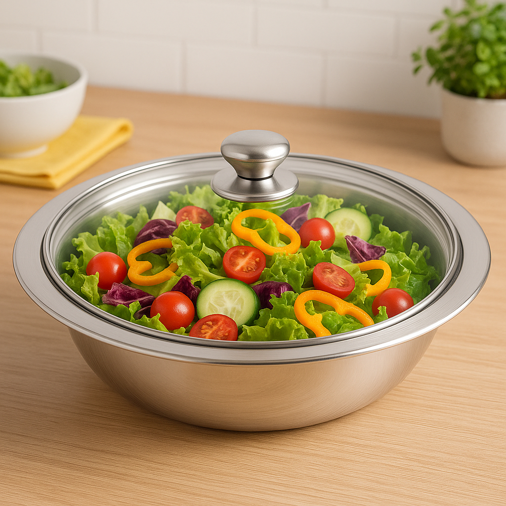 Saladeira Inox Tigela Aço Funda Multiuso Redonda Confeitaria Bowls Vasilha Com Tampa de Vi...