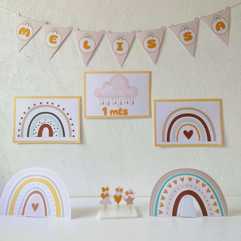 Kit festa Arco Íris Boho, Decoração só um bolinho personalizado para aniversário e mêsversário, mimos e lembrancinhas.