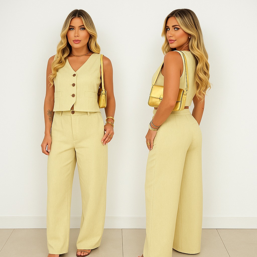 Conjunto Feminino de Linho com Blusa Cropped e Calça Longa – 2 Peças Elegantes em Oferta na Shopee