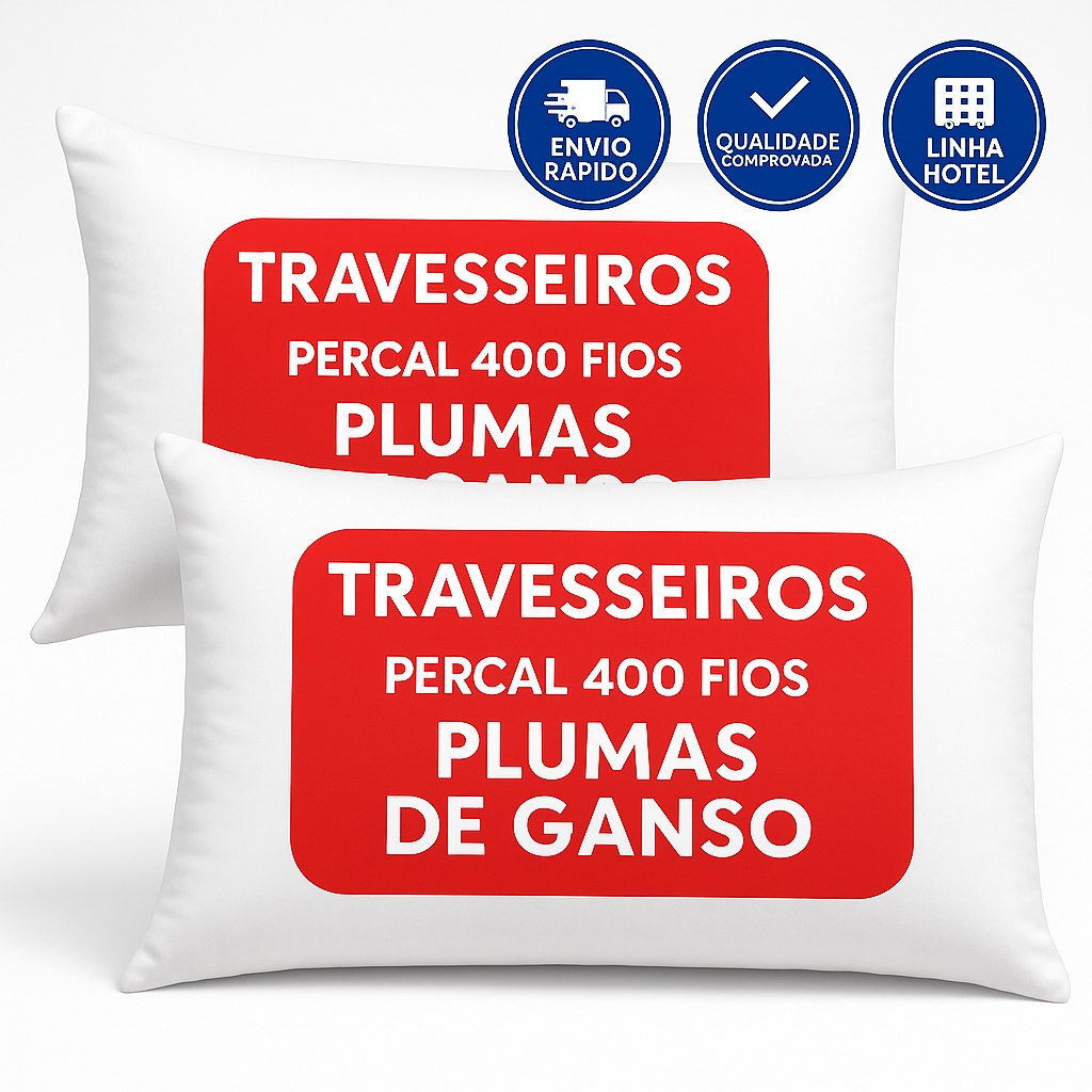 Kit 2 Travesseiros Pluma de Ganso Premium – Percal 400 Fios – Linha Hotel