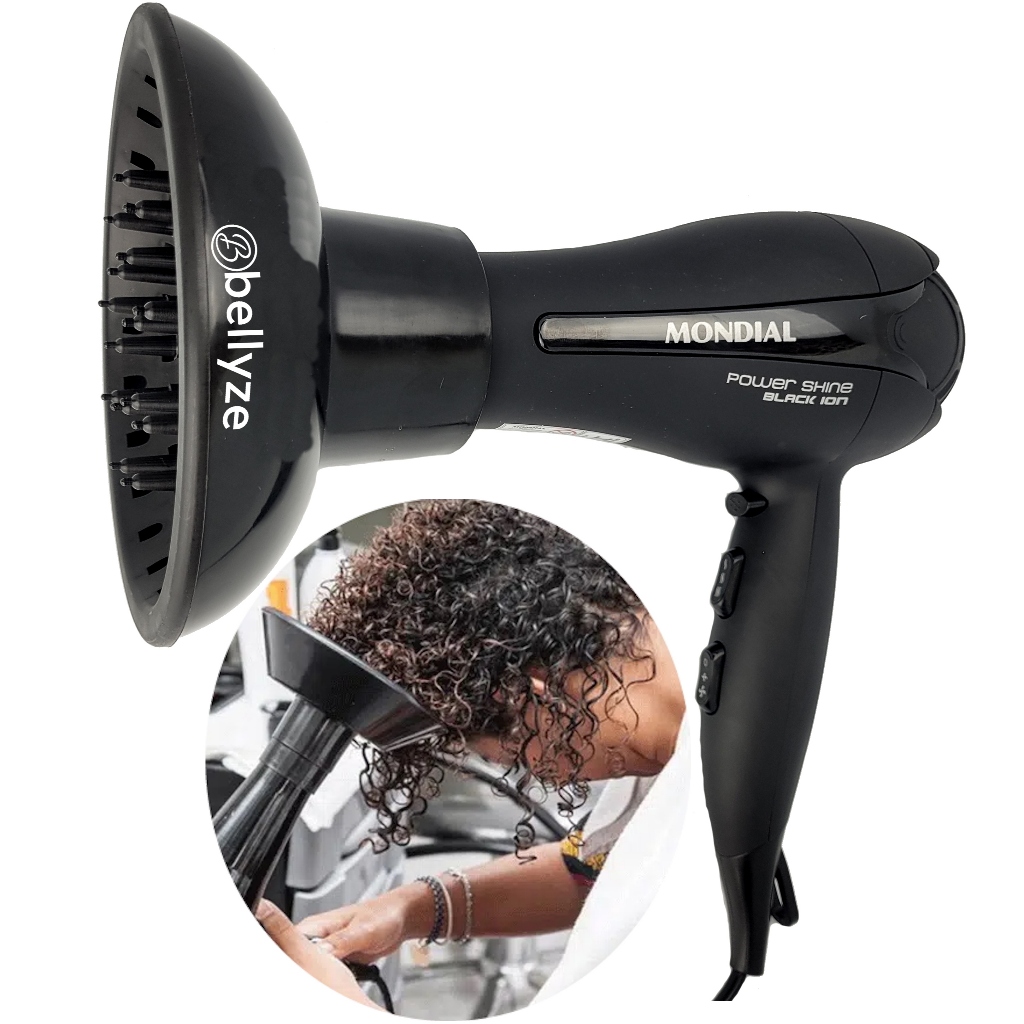 Difusor Definidor de Cachos Bellyze Bico Grande Secador de Cabelos Mondial Power Shine Black Ion