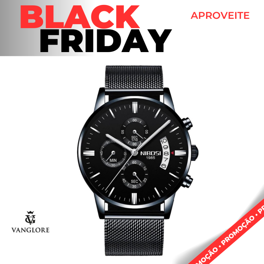 Relógio masculino Nibosi 2309 Pulseira Mesh Aço Inoxidável Preto Cronógrafo funcional