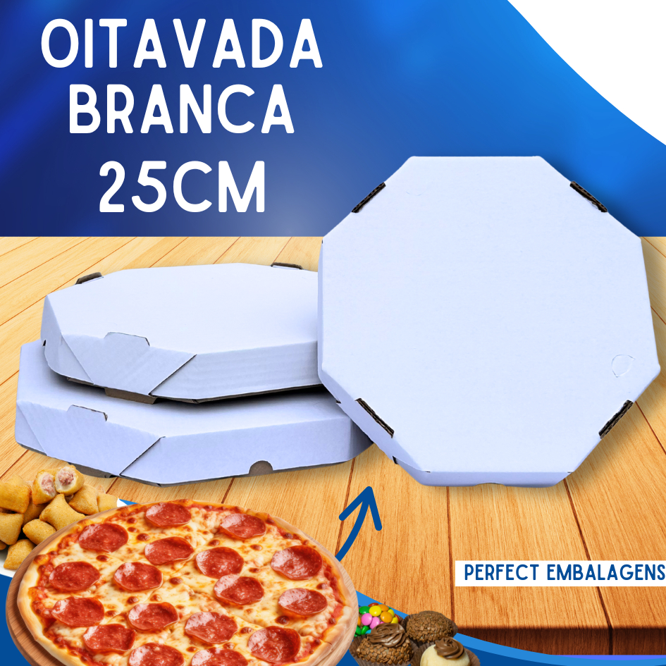 Caixa Oitavada 25CM Branca 25 UNIDADES Para Pizza Delivery Lanches Docinhos Transporte em geral