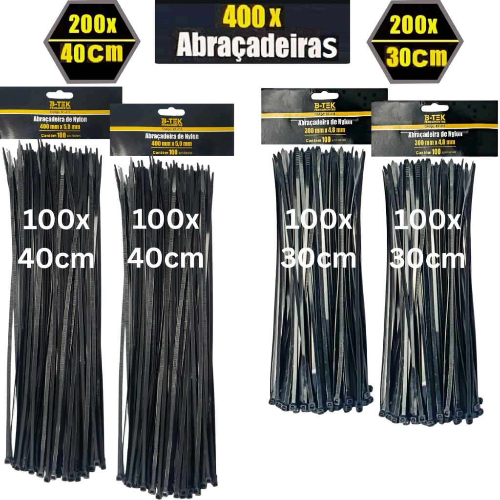 Kit 400 Abraçadeiras Nylon - 40cm e 30cm - Branco / Preto - Enforca Gato - Fita Hellermen - Cinta Plástica em Oferta na Shopee