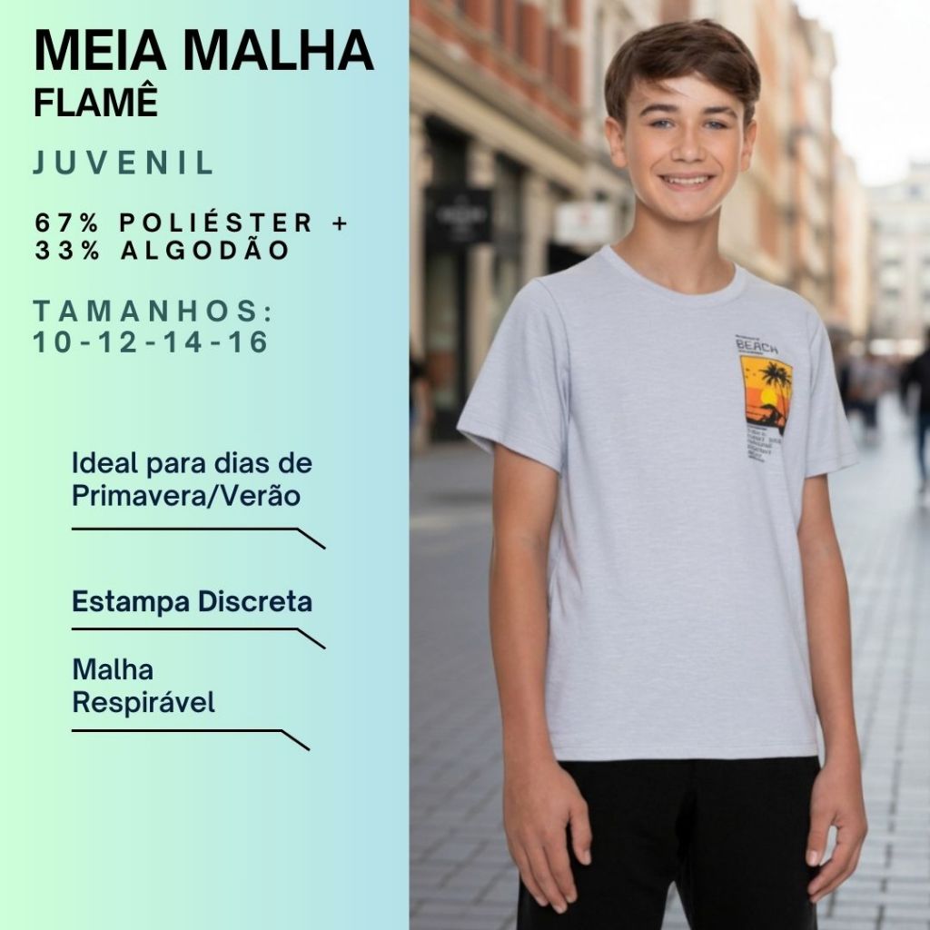 Camiseta Juvenil Menino Malha Flamê Estampa Leve Confortável Casual T-shirt Básica