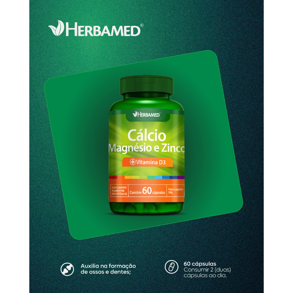 Cálcio 60 Cápsulas 500mg Vitamina D Magnésio Zinco Ossos Dentes Músculos Fortes Herbamed
