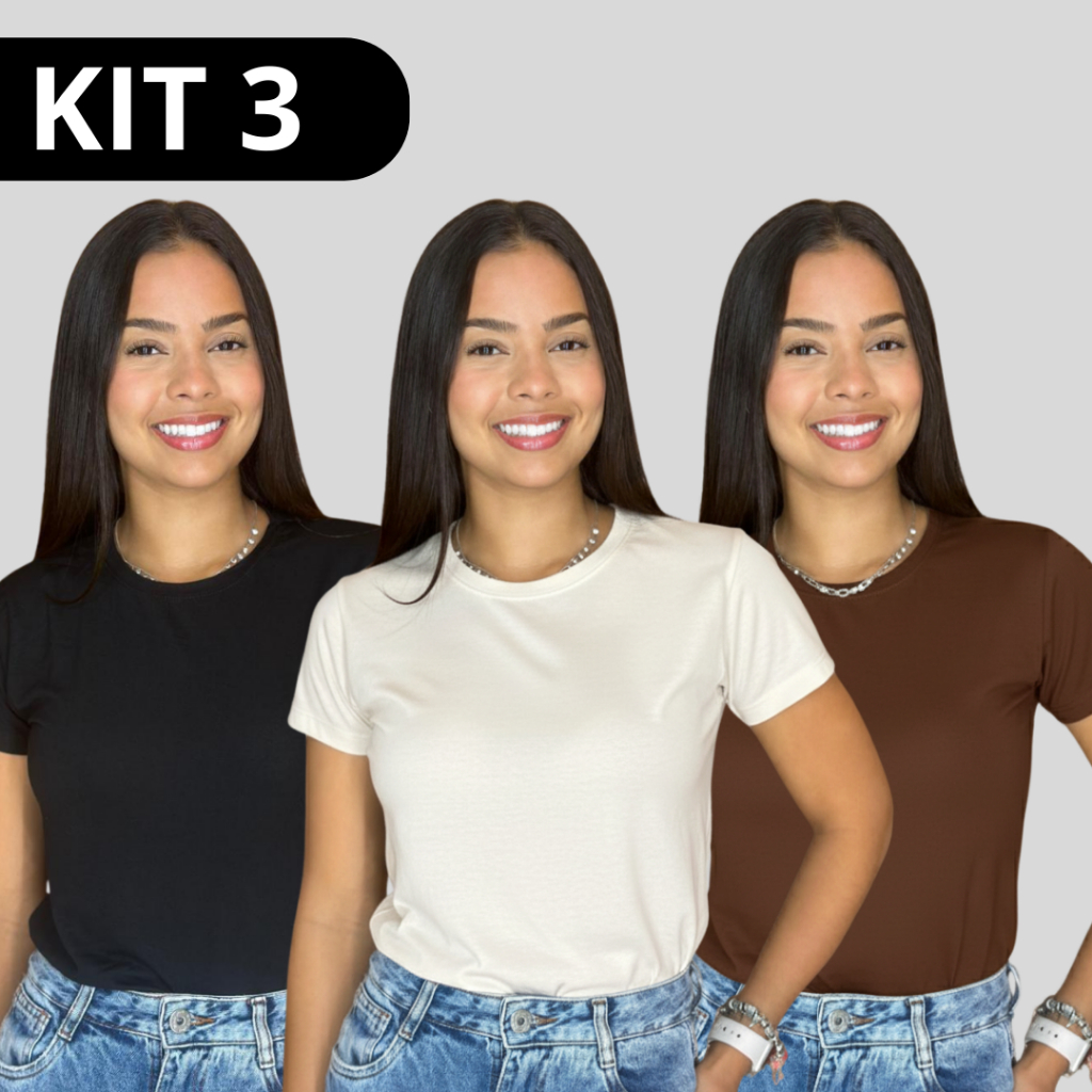 Kit 3 T-Shirts Femininas de Viscolycra – Blusa Básica Gola Redonda em Oferta na Shopee