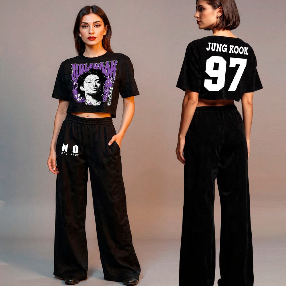 Conjunto Feminino Cropped Oversized E Calça Moletom Wide Leg Despojada Bts Grupo Coreano Integrantes