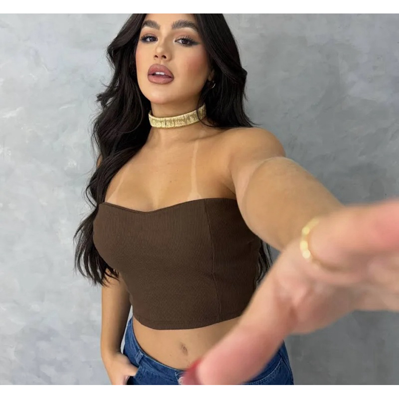 Cropped feminino tomara que caia básico canelado moda feminina moda gringa moda blogueira