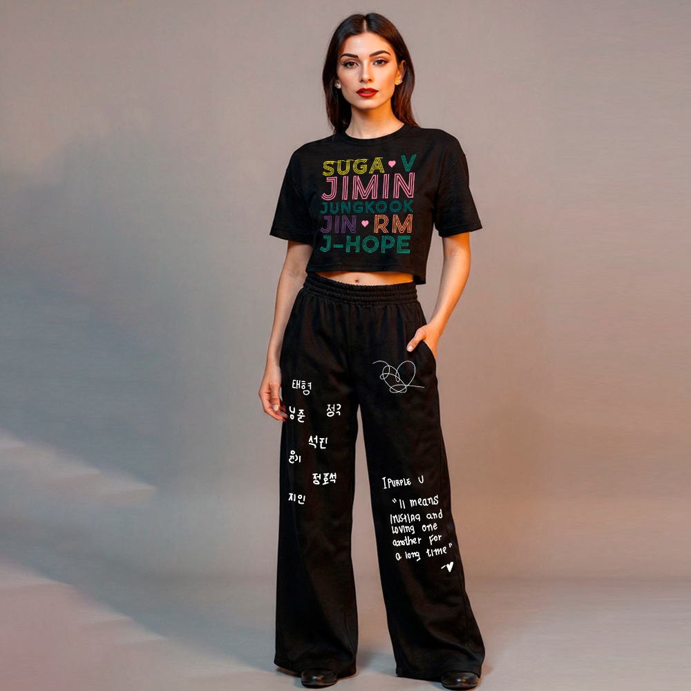 Conjunto Estiloso Feminino Bts Kpop Grupo Coreano Cropped E Calça WIDE LEG Moletom Estilosa Moderna