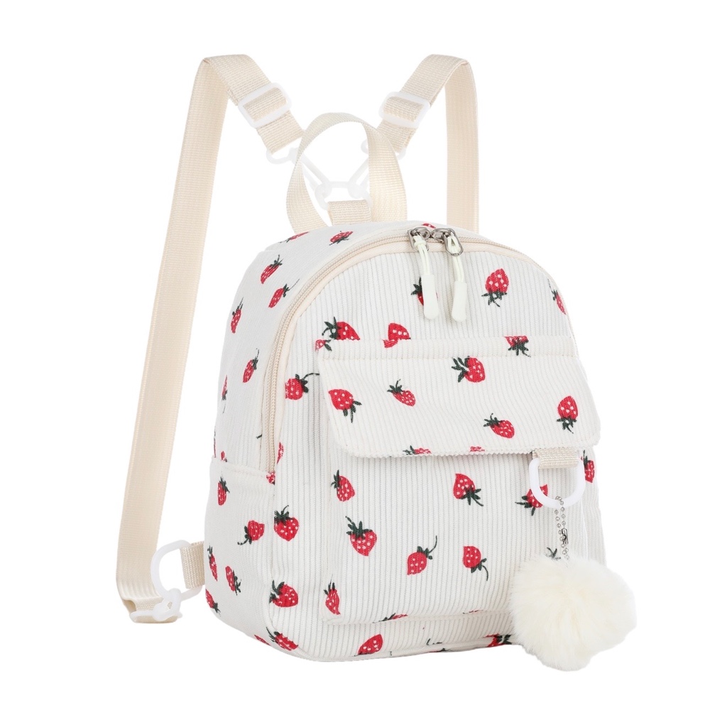 Mochila Feminina Fofa Morango  Material Veludo Cotelê Passeio Coreano Grande Capacidade Com Chaveiro Pompom Impermeável
