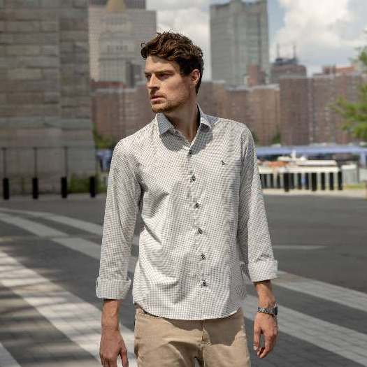 Camisa Social Masculina Micro Xadrez Sem Bolso Manga Longa