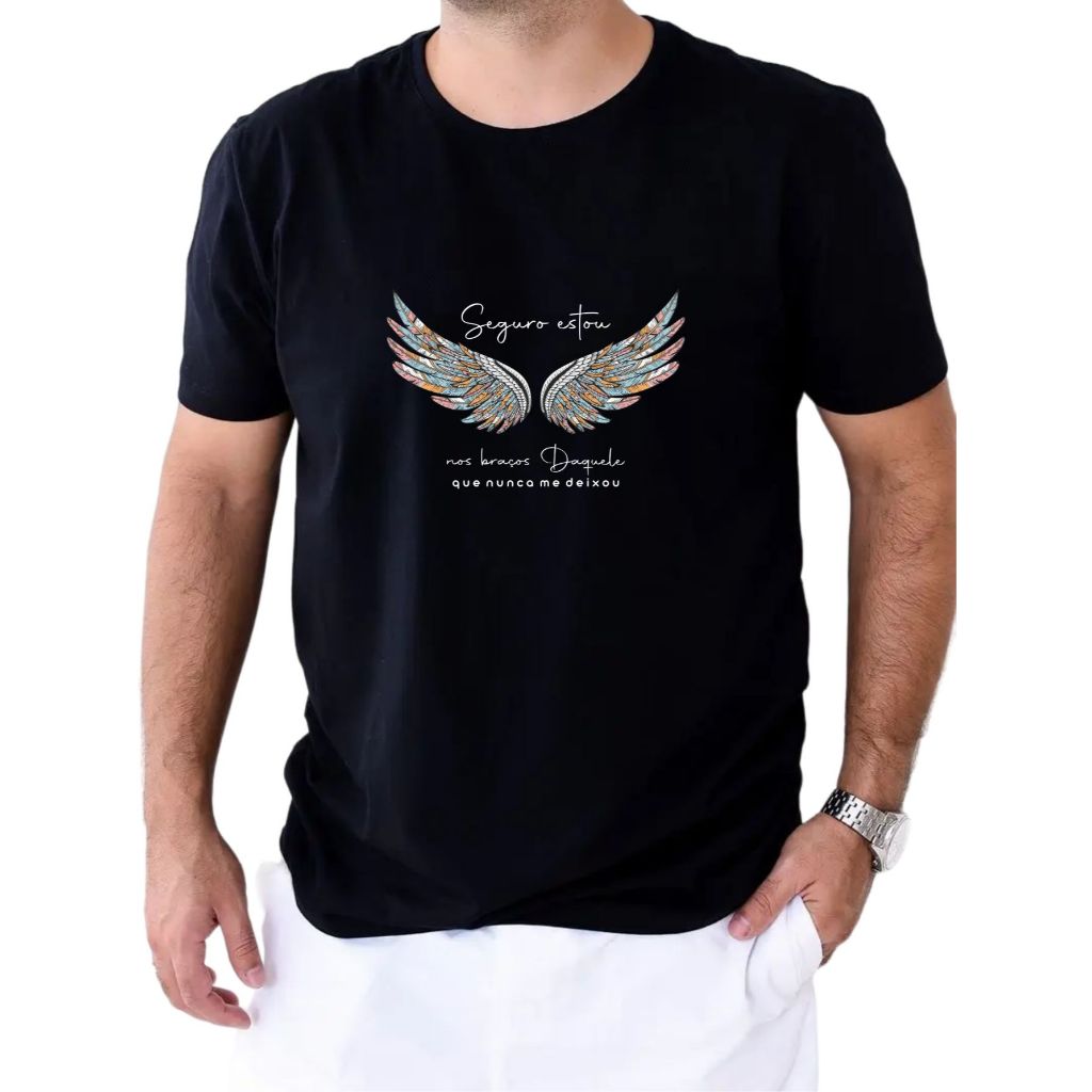 Camiseta Estampada Asas Seguro Estou Moda Evangélica Camisa Baby Look Feminina Unissex Masculina