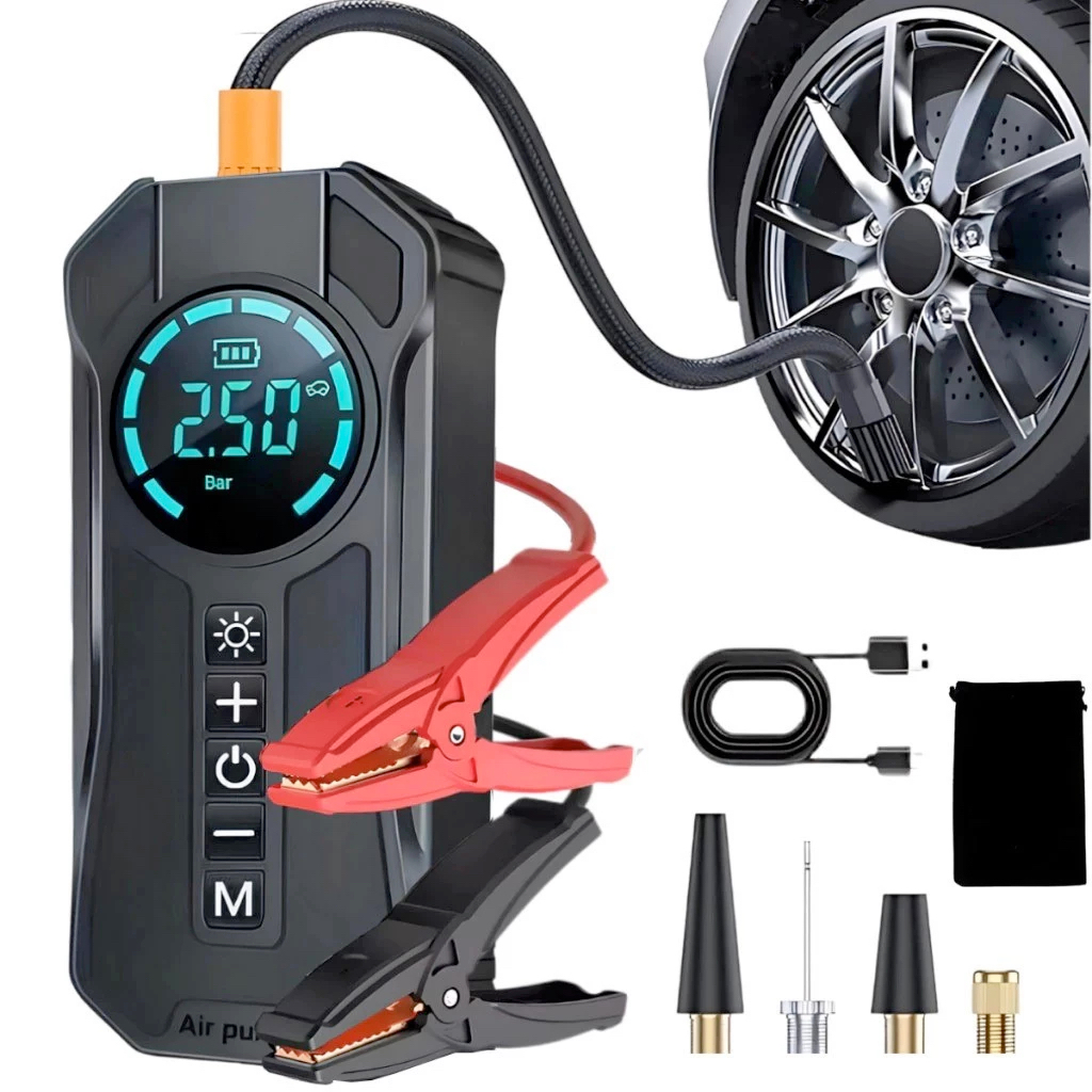 Bomba de ar portatil compressor inflator multi-função 4 em 1 powerbank 8kmah bateria calibrador de carro auto pneu em Oferta na Shopee