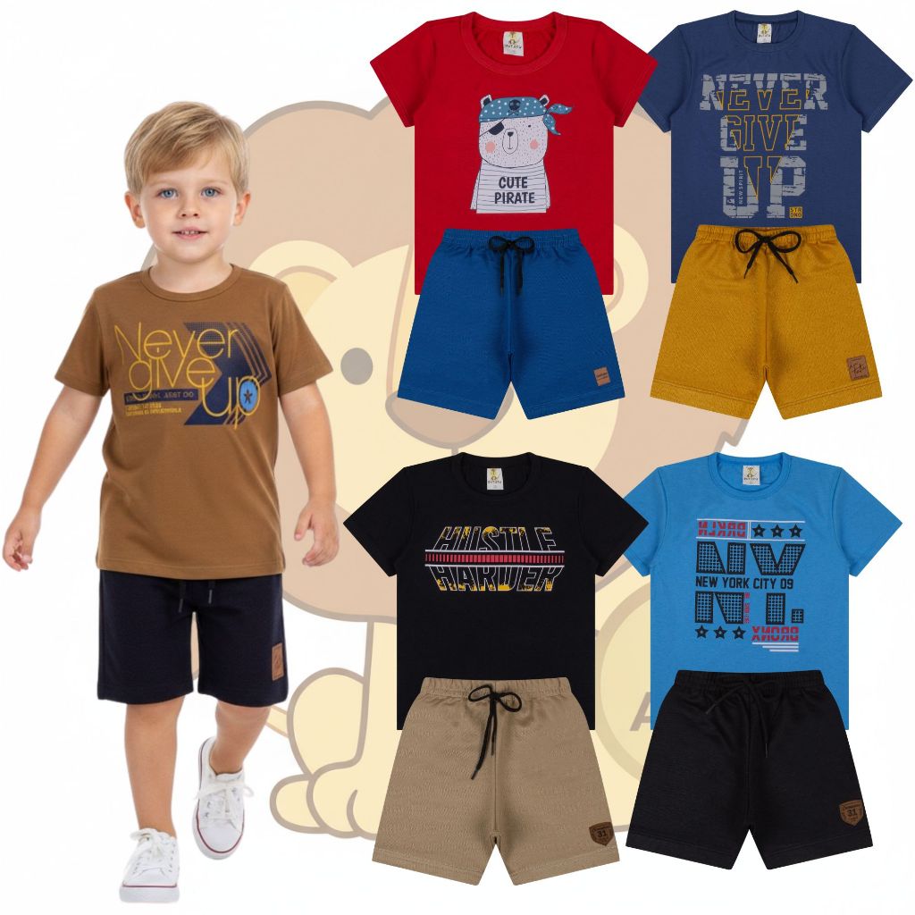 Kit Sortido de Roupas Infantil Menino Camisetas + Bermudas - Kit Conjuntos Infantil Menino Verão
