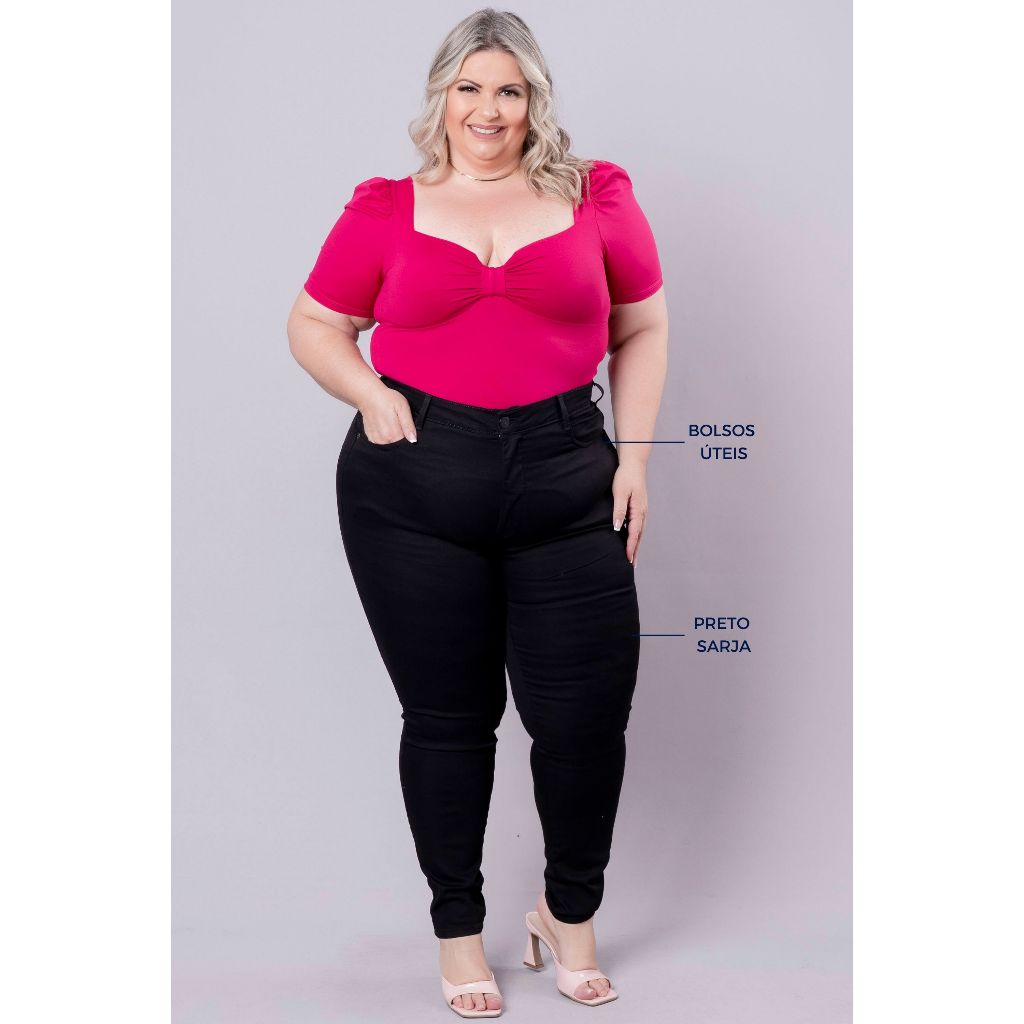 Calça Jeans Feminina Plus Size Em Sarja  Preta Ri19 Ref584