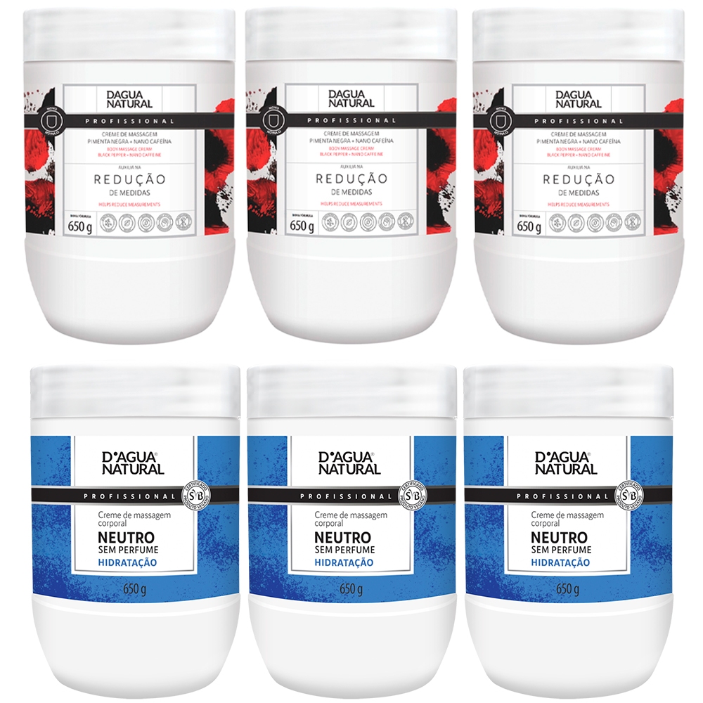 Kit Dagua Natural 3x Creme Massagem Neutro 650g + 3x Creme Redutor Pimenta Negra 650g