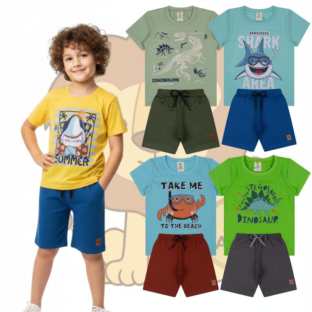Kit Sortido 4 Peças de Roupas Infantil Menino 2 Camisetas + 2 Bermudas Kit 2 Conjuntos de Roupa Infantil Menino Ve
