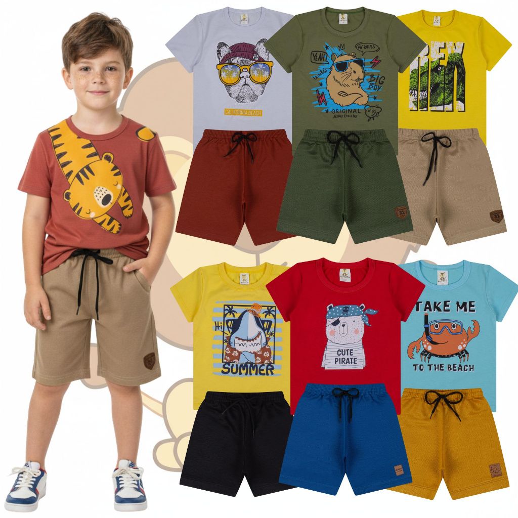 Kit Conjunto Sortido 4 Peças de Roupas Infantil Menino (2 Camisetas + 2 Bermudas) Leve Confortável