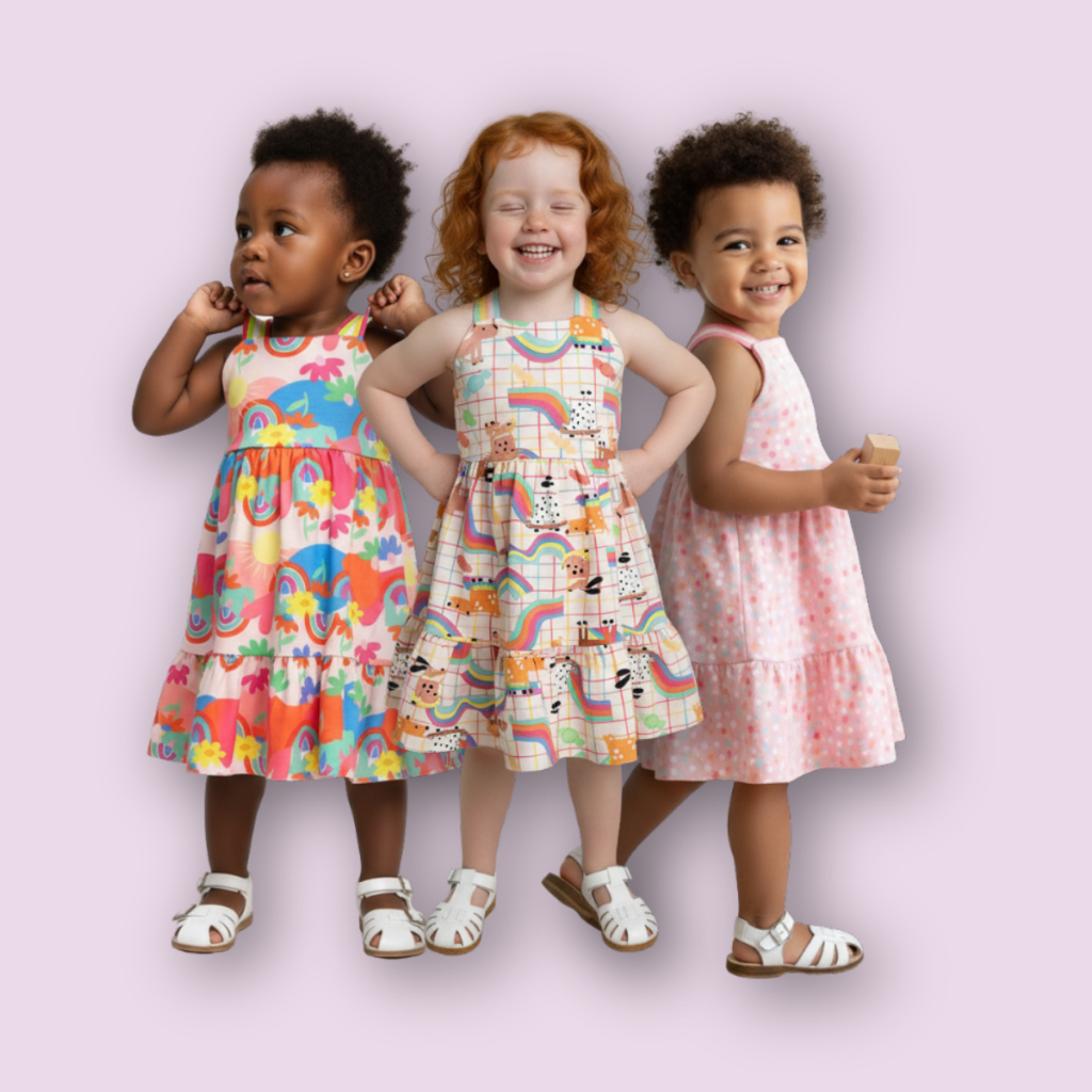 Vestido Menina Infantil 3 peças Colorido Rodado Estampado Malha Bebê Alcinha Infantil Feminino