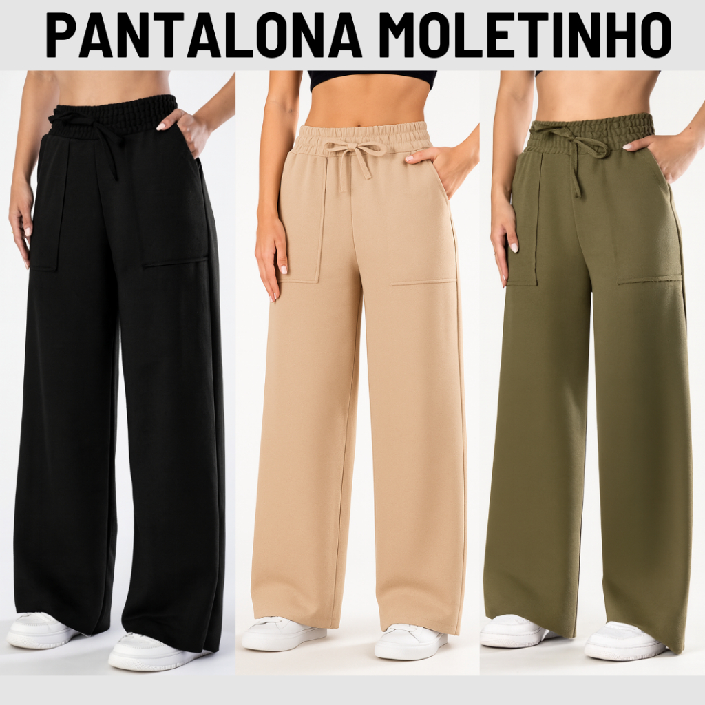 Calça Pantalona Moletinho Feminina Com Bolso Elegante Casual em Oferta na Shopee