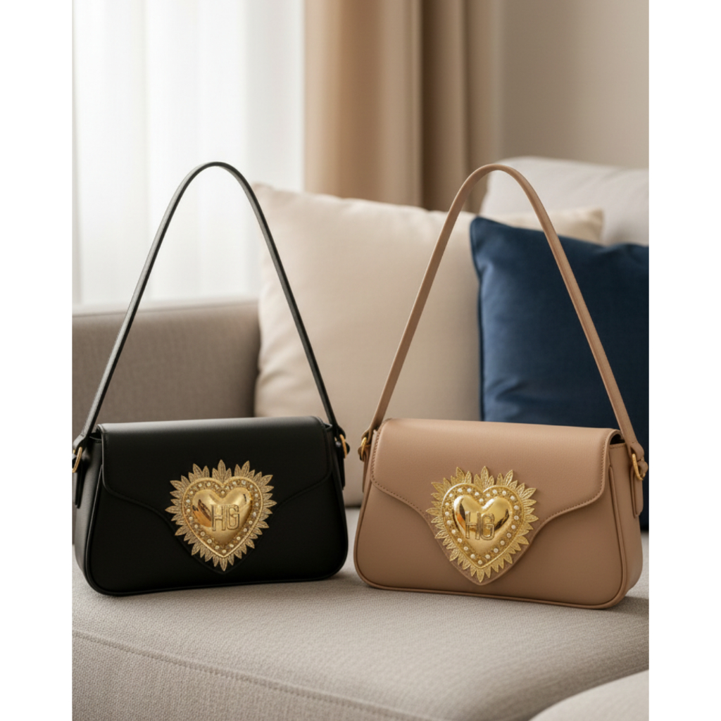 Kit 2 Bolsas Femininas Baguete Ombro Coração Dourado Premium Luxo Moda Feminina Couro Sintético