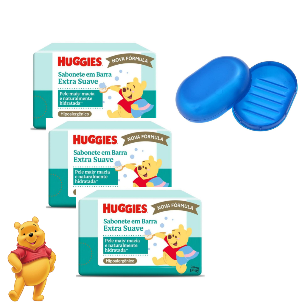 Kit 3 Sabonetes Huggies Extra Suave 3x75 g + Saboneteira Azul | Pele Sensível