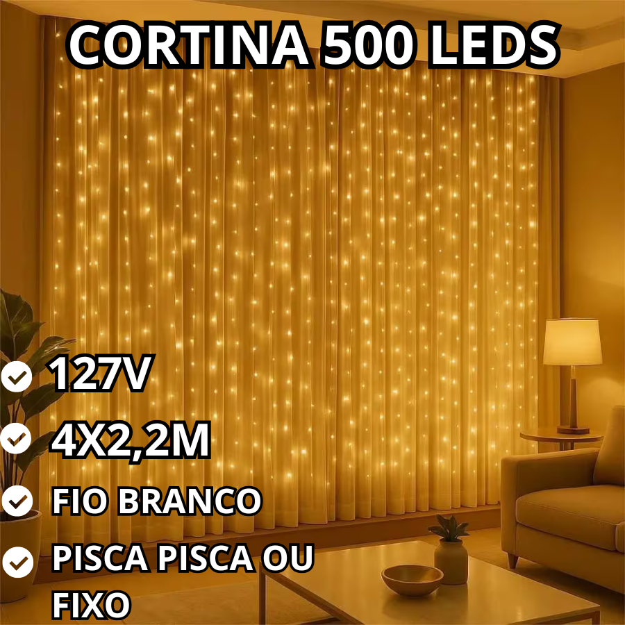 Cortina 500 Leds 4x2,2m Natal Decoração Natalina Pisca Pisca Ou Fixo Branco Quente Fio Branco 127V