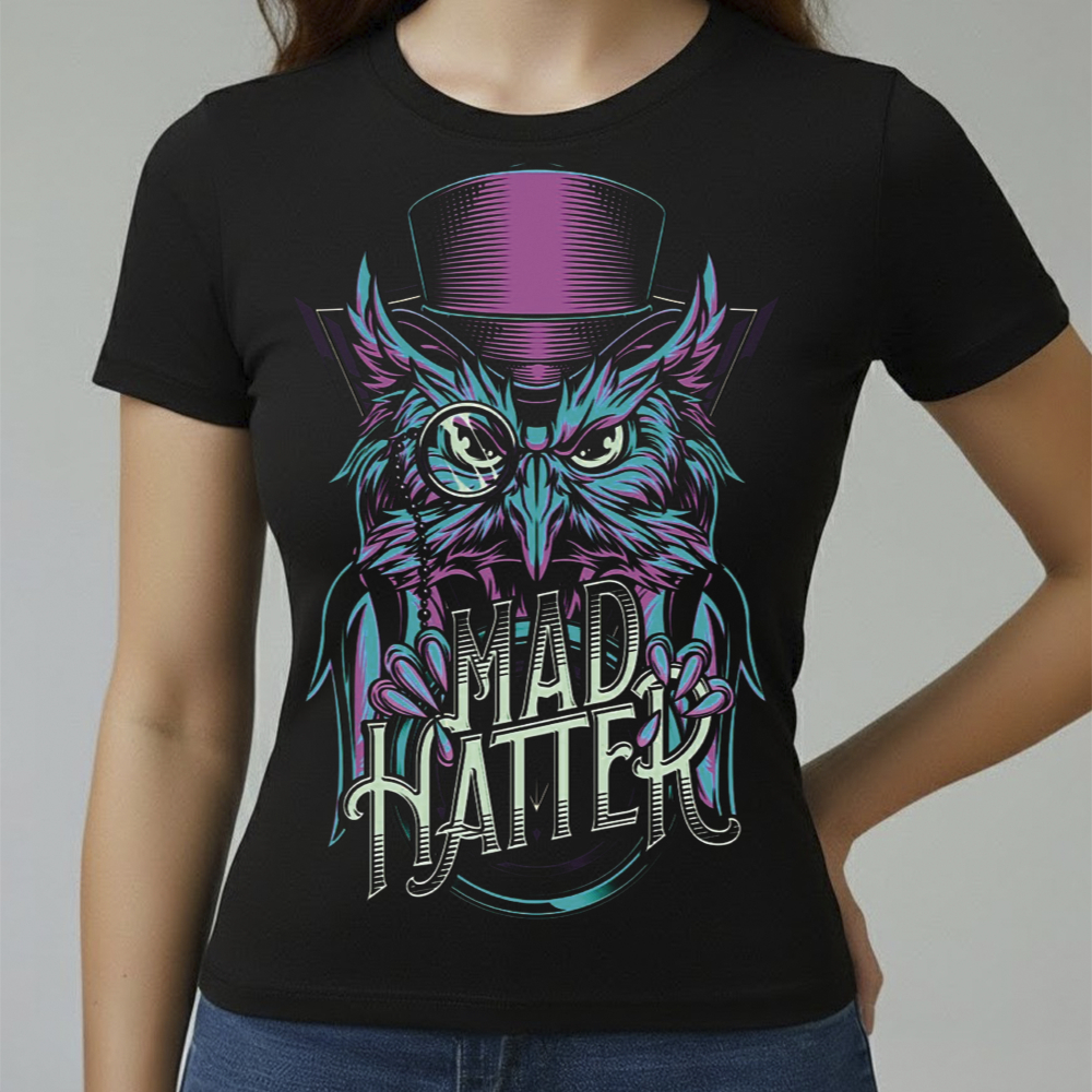 Camiseta Baby Look Feminina Algodão Conforto Qualidade Estampada Coruja de Chapéu Do Tamanho P ao GG