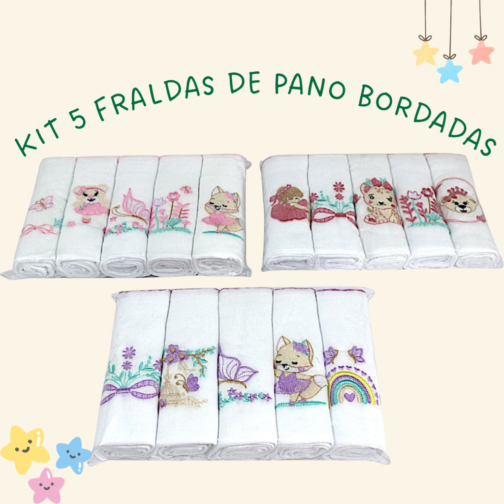 Kit 5 Fraldas De Pano Bordadas 100% Algodão Tecido Duplo Fraldinha de Ombro Amamentação Boca Passeio