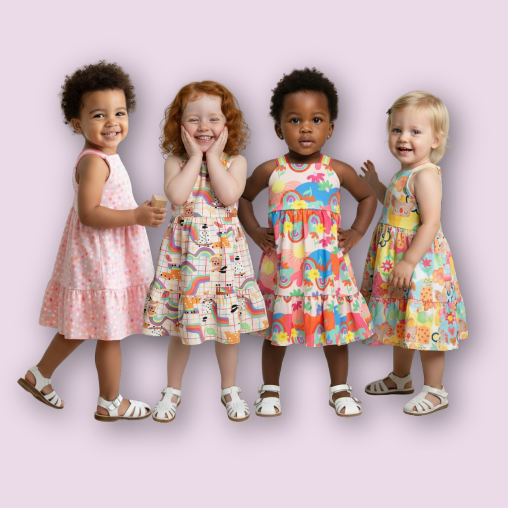 Combo 4 Vestidinhos Infantis Menina Bebê em Malha Alcinha Colorido Estampado Feminino Rodado
