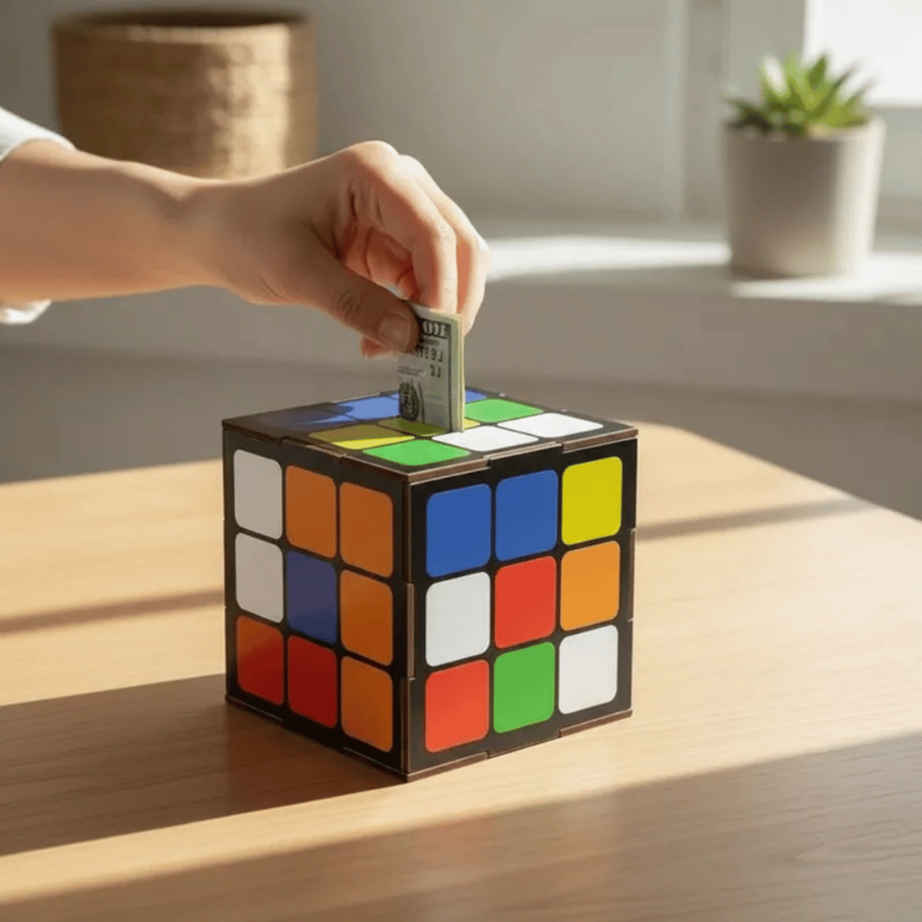 Cofre Cofrinho Cubo Mágico Porta Moedas MDF Infantil Presente Lembrancinha Adesivado