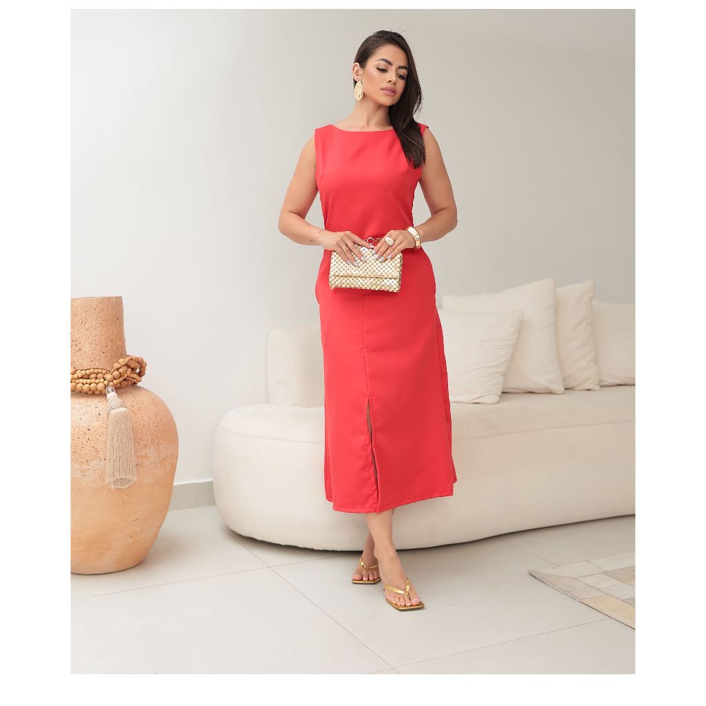 Vestido Feminino Midi Alfaiataria Com Zíper Alças Largas Bolsos Fenda Frontal