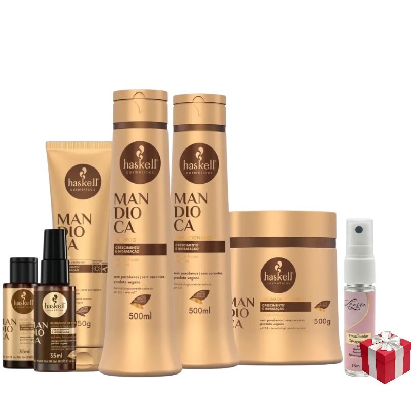 Kit Haskell Mandioca Sh Cond Máscara 500ml 6 Itens Completo