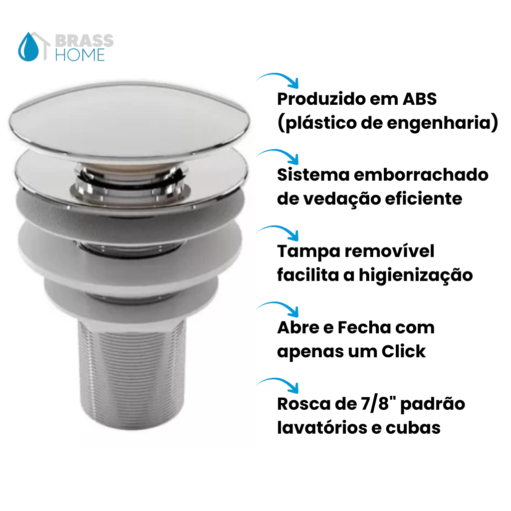 Válvula Click Cromada ABS 7/8 Ralo para Pia Cuba de Banheiro Lavabo Cozinha Tampa Removível — imagem 2 de 2
