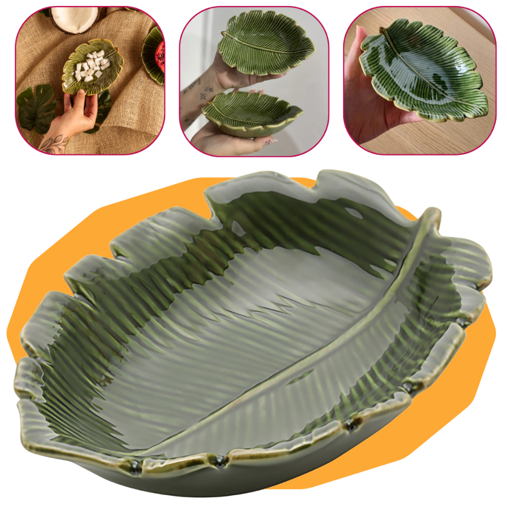 Prato Decorativo de Ceramica Folha Banana Leaf Verde Natural Petisqueira Multiuso 16cm - Lyor