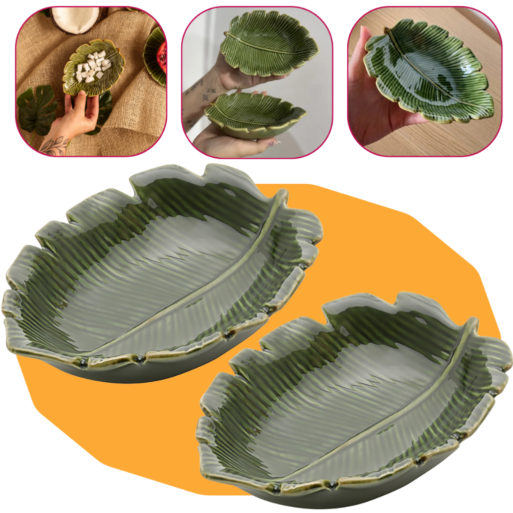 Jogo 2 Pratos Folhas Cerâmica Decorativo Folha Banana Leaf Petisqueira Natural 16cm - Lyor