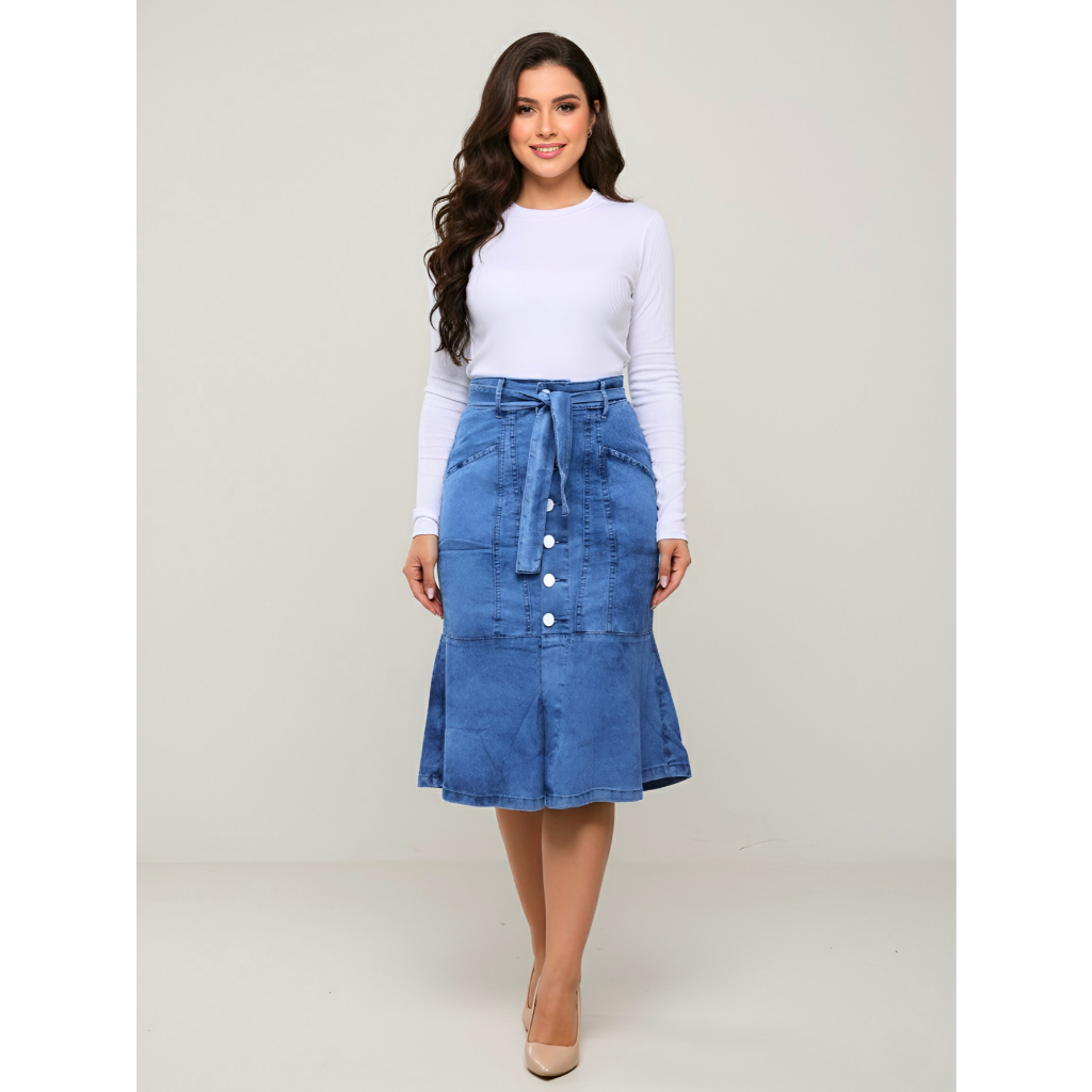 Saia Jeans Mide com Cinto e Botões Frontais Brancos Elegantes Moda Evangélica Ref.235 em Oferta na Shopee