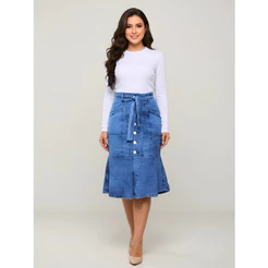Saia Jeans Mide com Cinto e Botões Frontais Brancos Elegantes Moda Evangélica Ref.235