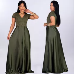 vestido longo de renda e saia de crepe acetinado gode elegante para madrinha de casamento formatura festa verde militar
