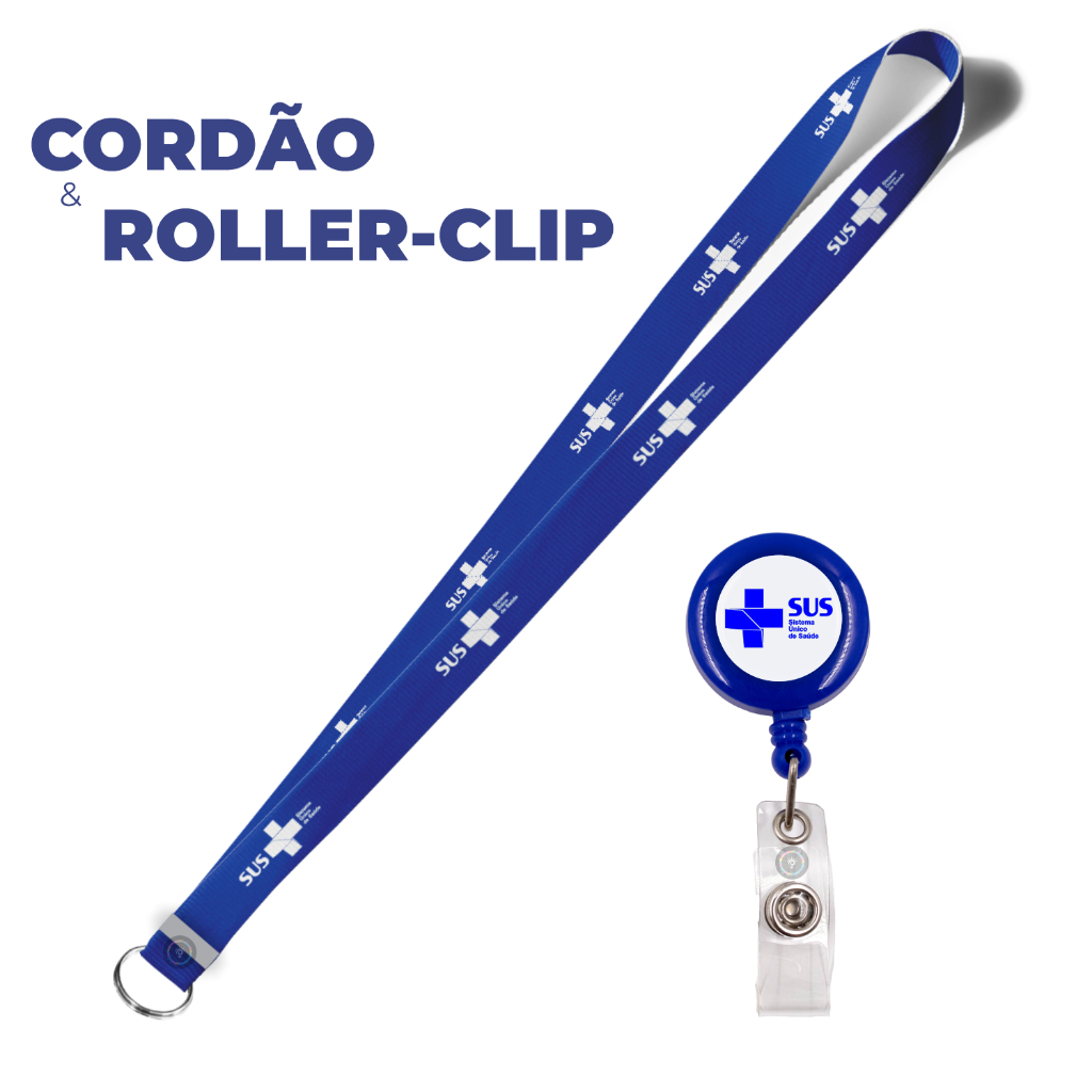 Kit Sus Cordão e Roller Clip Resinado Azul e Branco Porta Crachá em Oferta na Shopee