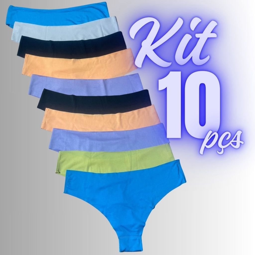 Kit 10 Calcinhas Sem Costura Tanga Forro 100% Algodão Tanga Corte a Laser Não Marca Lisa Poliamida